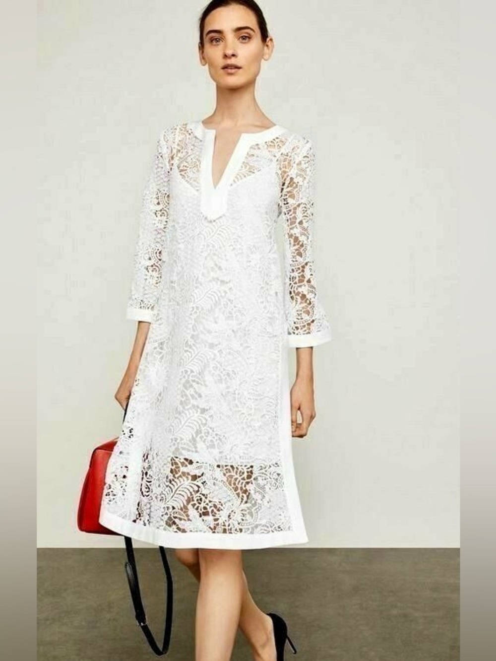 BCBGmaxazria White Lace Crocheted V-Neck A-Line Dress